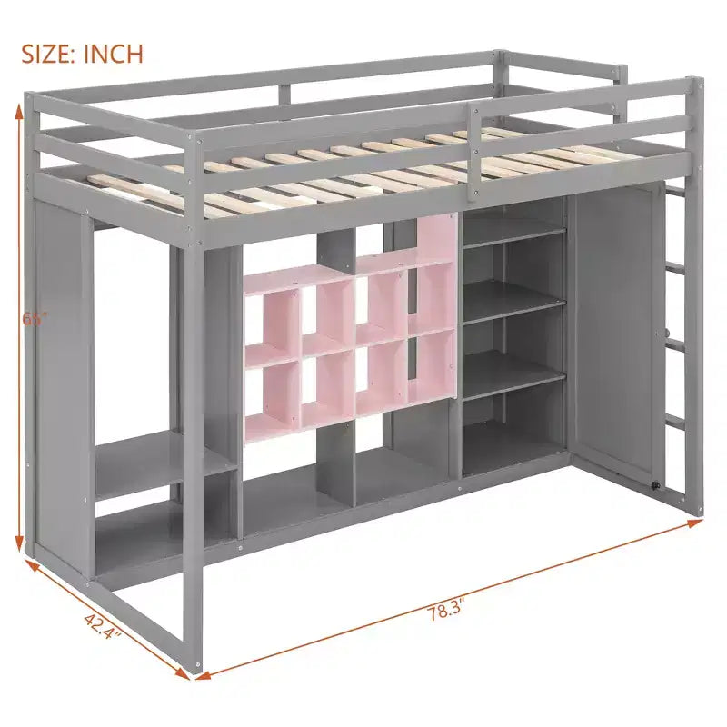 Lit mezzanine pour enfants avec armoire et étagères, cadre de lit mezzanine en bois avec meuble de rangement pour enfants et adolescents