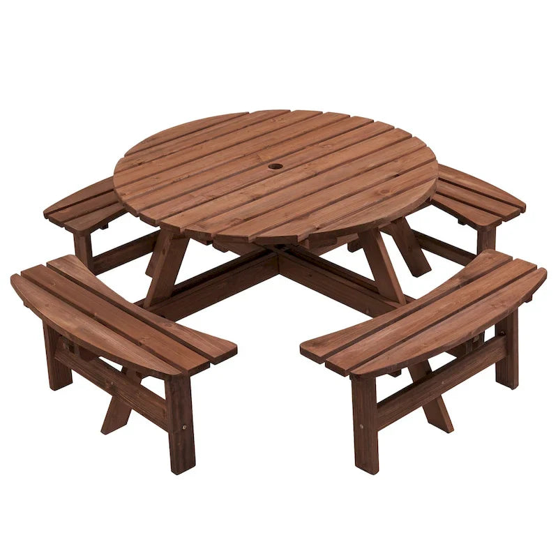 Conjunto de refeições redondo para piqueniques no exterior, em madeira de abeto, para 8 pessoas, com 4 bancos integrados e orifício para guarda-sol