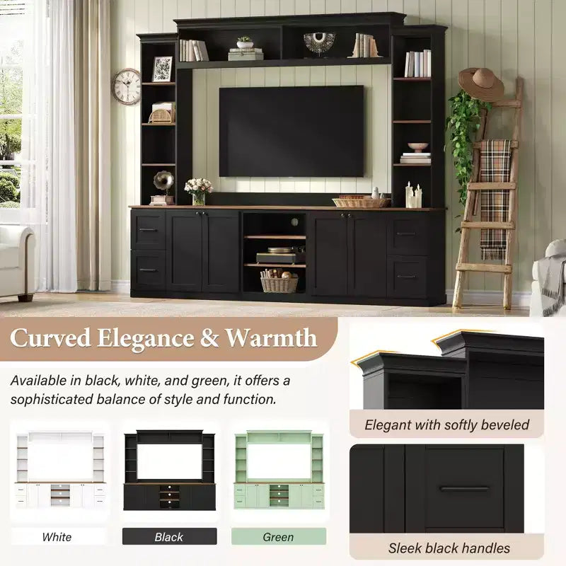 Ensemble mural de centre multimédia de style ferme 4-en-1 ModernLuxe, compatible avec les téléviseurs jusqu'à 70 pouces, meuble TV avec étagères réglables et tiroirs