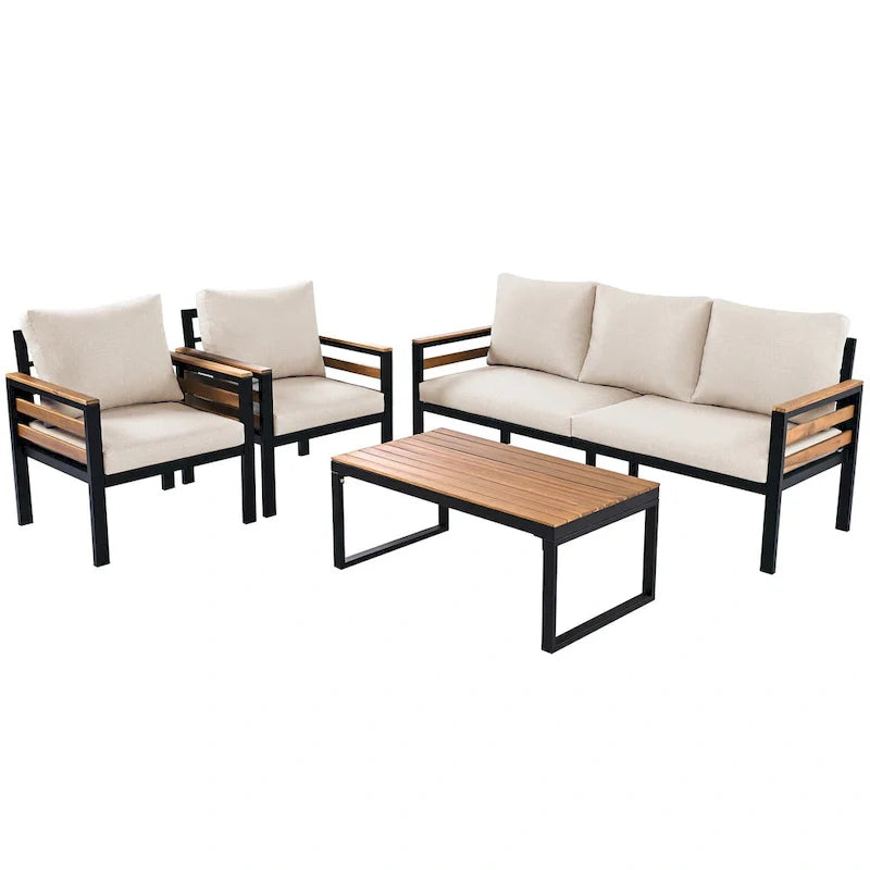 Čtyřdílná venkovní sedací souprava pro 5 osob s konferenčním stolkem z masivního dřeva a snímatelnými polstry