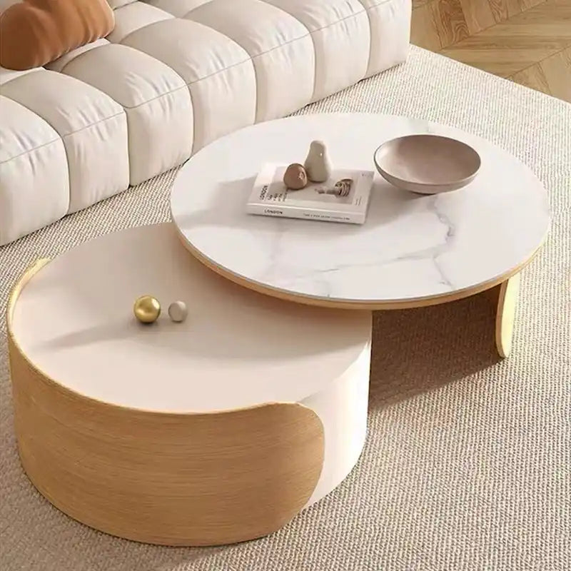 Moderner runder Couchtisch, Tischplatte aus Stein, naturbelassenes Holz – 50 x 31,5