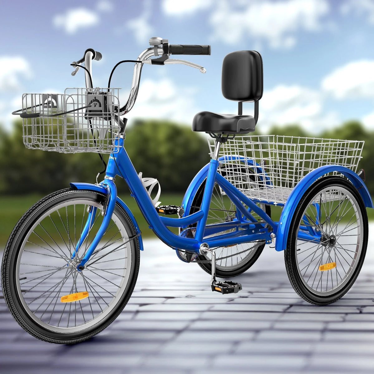 Tricycle pour adulte bleu de 26 po, vélo à 3 roues avec paniers amovibles