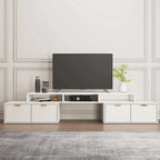Mobile TV angolare moderno bianco con 2 cassetti e vani portaoggetti aperti