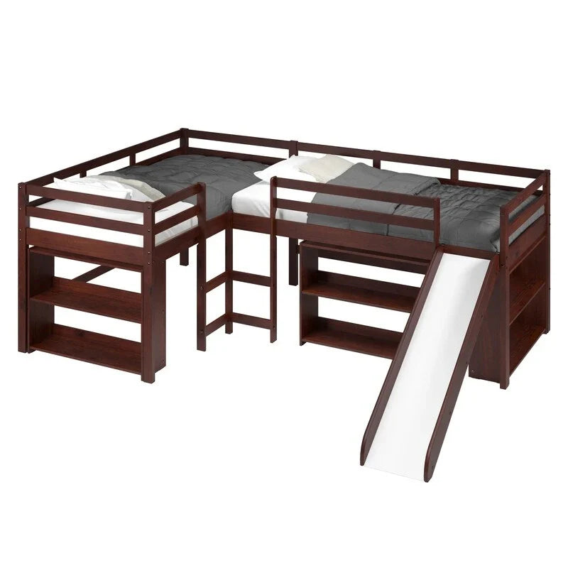 L-förmiges Doppel-Twin-Hochbett-Set mit Rutsche in dunklem Cappuccino