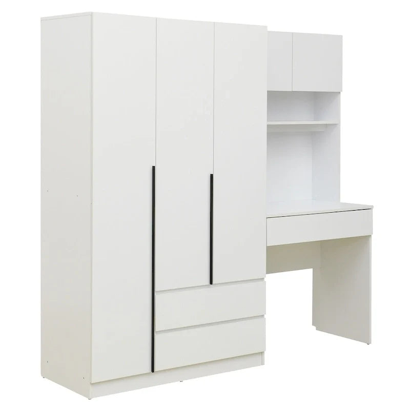 3-in-1-Kleiderschrank mit Schminktisch, Schreibtisch-Set, Schlafzimmerschrank mit 2 Schubladen, 3 Türen und Stauraum