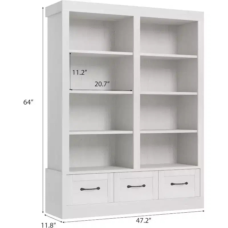 Bibliothèques et étagères de 64 po de hauteur, avec 3 tiroirs de rangement et 4 niveaux, double largeur, étagère ouverte pour bureau et salon