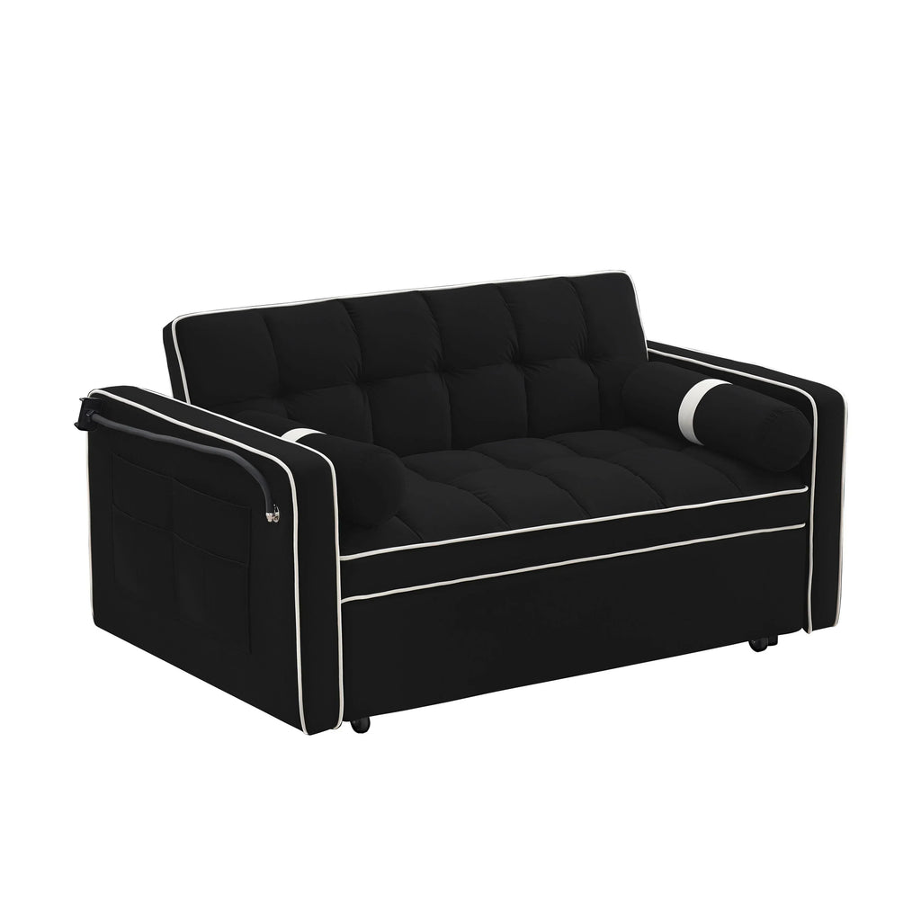 Sofá-Cama Convertível de Veludo para 2 Pessoas, com 55', Cama Extensível, Encosto Reclinável Ajustável, Bolsos Laterais e Suporte para Telemóvel