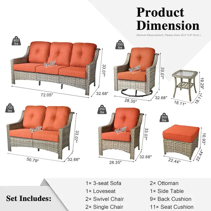 Ensemble de conversation de mobilier de patio extérieur XIZZI en 9 pièces avec fauteuil pivotant