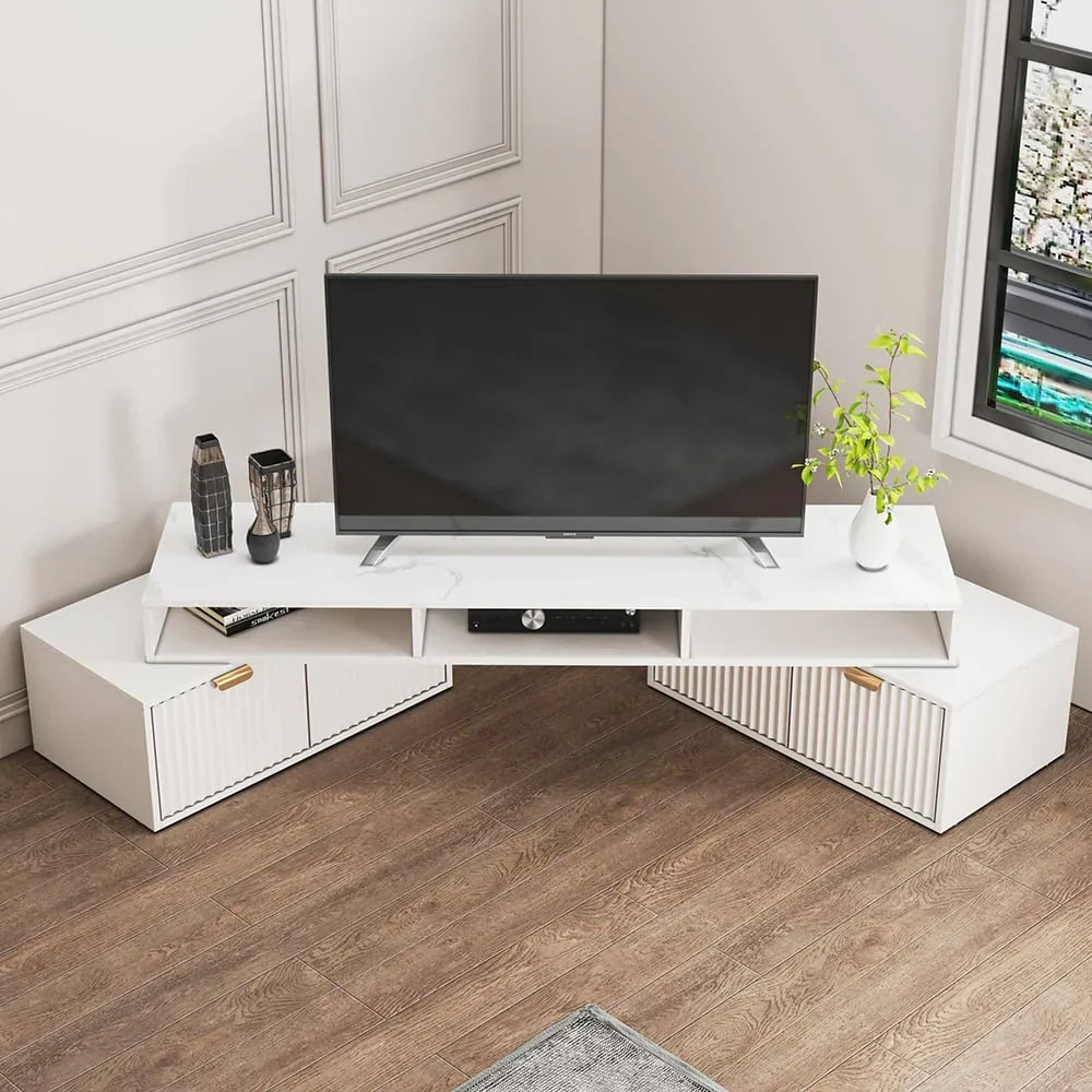 Mobile TV angolare moderno bianco con 2 cassetti e vani portaoggetti aperti