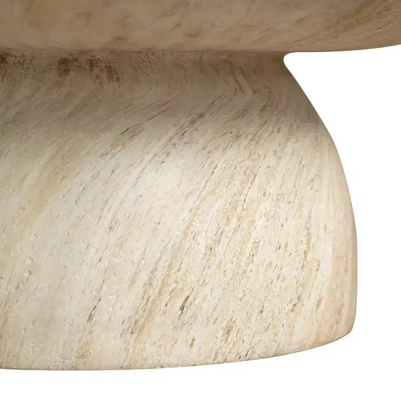 Ronde salontafel van fiberstone op sokkel, sculpturale bijzettafel voor binnen en buiten met antislipvoetjes