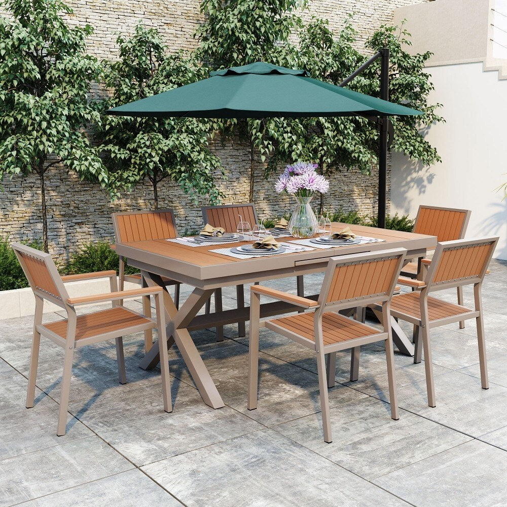 Set da pranzo moderno da esterno da 7 pezzi con sei sedie e un tavolo allungabile per il patio