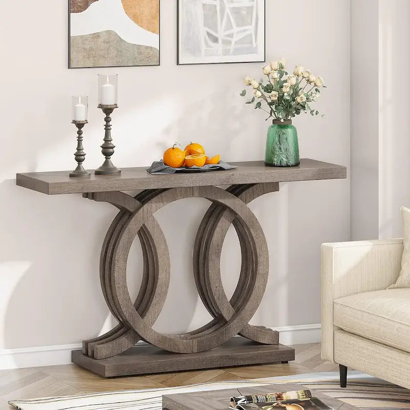Mesa de consola vintage com base geométrica, mesa de madeira para corredor