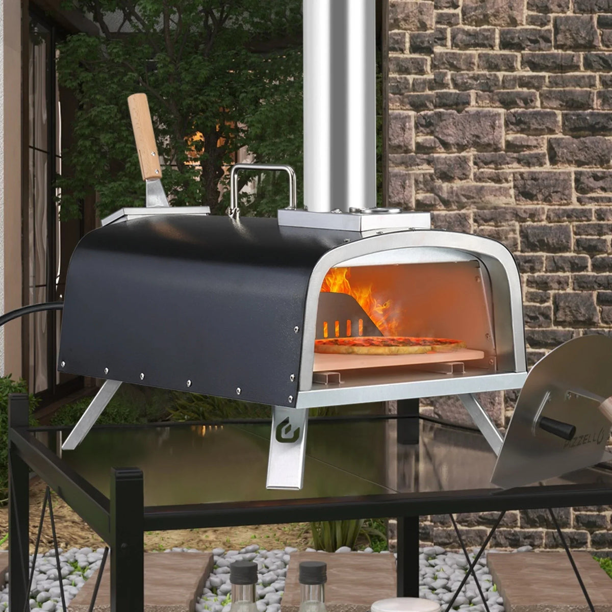 Multibrennstoff-Pizzaofen für den Außenbereich, Steinofen-Pizzaofen mit Gasbrenner und Holzfach – 12 Zoll