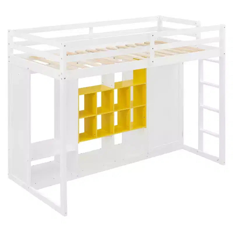 Lit mezzanine pour enfants avec armoire et étagères, cadre de lit mezzanine en bois avec meuble de rangement pour enfants et adolescents