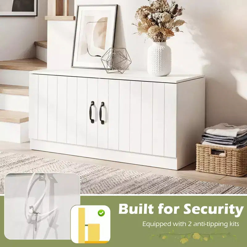 Banc à chaussures à 2 portes avec étagères réglables et espace de rangement dissimulé, naturel + blanc/Whi5te