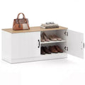 Banc à chaussures à 2 portes avec étagères réglables et espace de rangement dissimulé, naturel + blanc/Whi5te