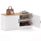 Banc à chaussures à 2 portes avec étagères réglables et espace de rangement dissimulé, naturel + blanc/Whi5te