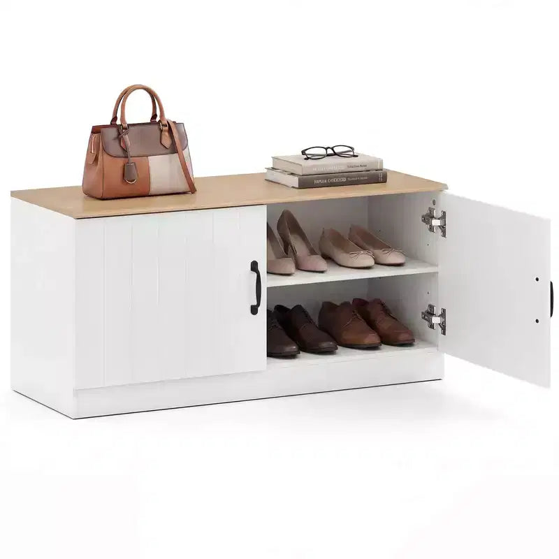 Banc à chaussures à 2 portes avec étagères réglables et espace de rangement dissimulé, naturel + blanc/Whi5te