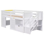 Letto rialzato basso singolo in legno massello da 94,6 L x 42,3 L, con scala, cassetto e ripiano, design moderno e pulito