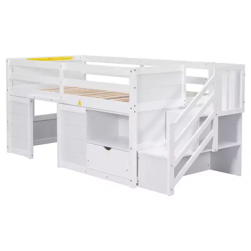 Letto rialzato basso singolo in legno massello da 94,6 L x 42,3 L, con scala, cassetto e ripiano, design moderno e pulito