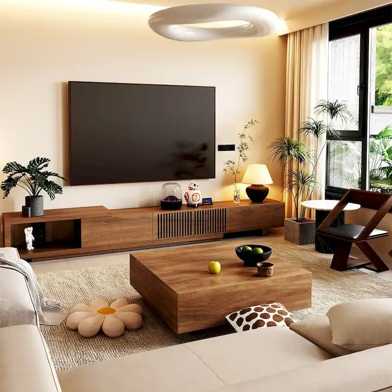 Moderner ausziehbarer und erweiterbarer TV-Schrank mit 4 Schubladen, für Fernseher bis 103 Zoll – 78,54 T × 15,74 B × 13,78 H