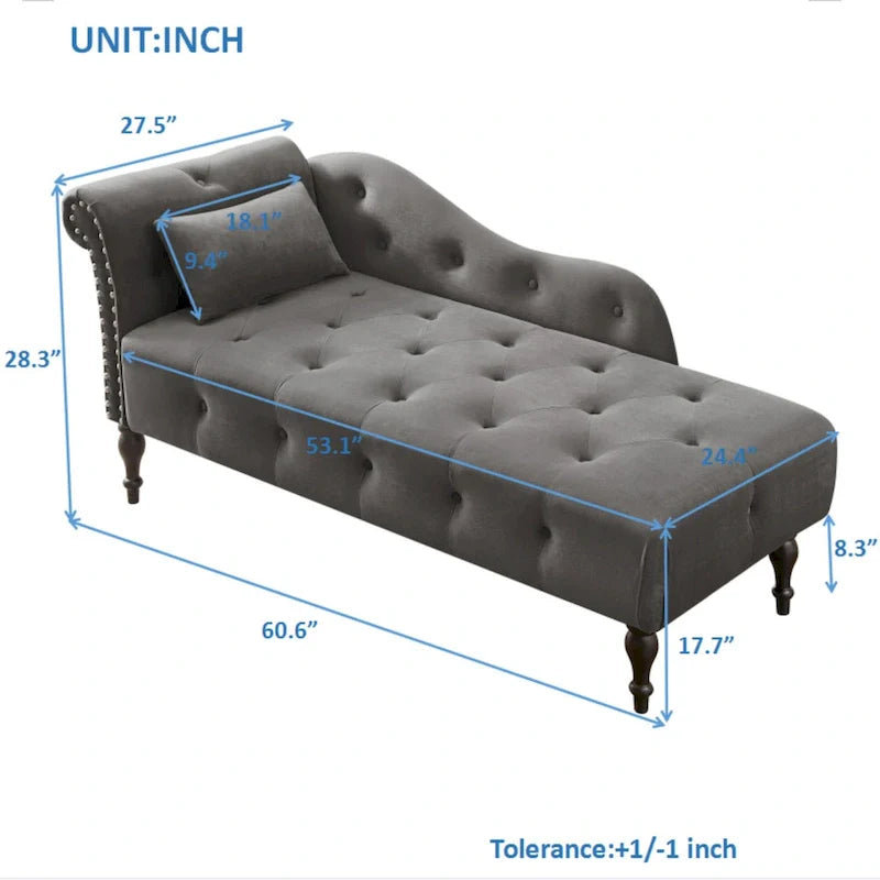 Moderne chaise longue van 60,6 inch met fluwelen bekleding, gecapitonneerde knopen, massief houten poten en sierspijkers
