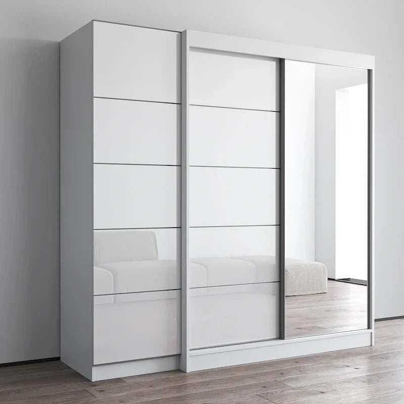 2-türiger Kleiderschrank mit Spiegel und Glasfront für 2 Personen (Grau/Schwarz/Weiß)