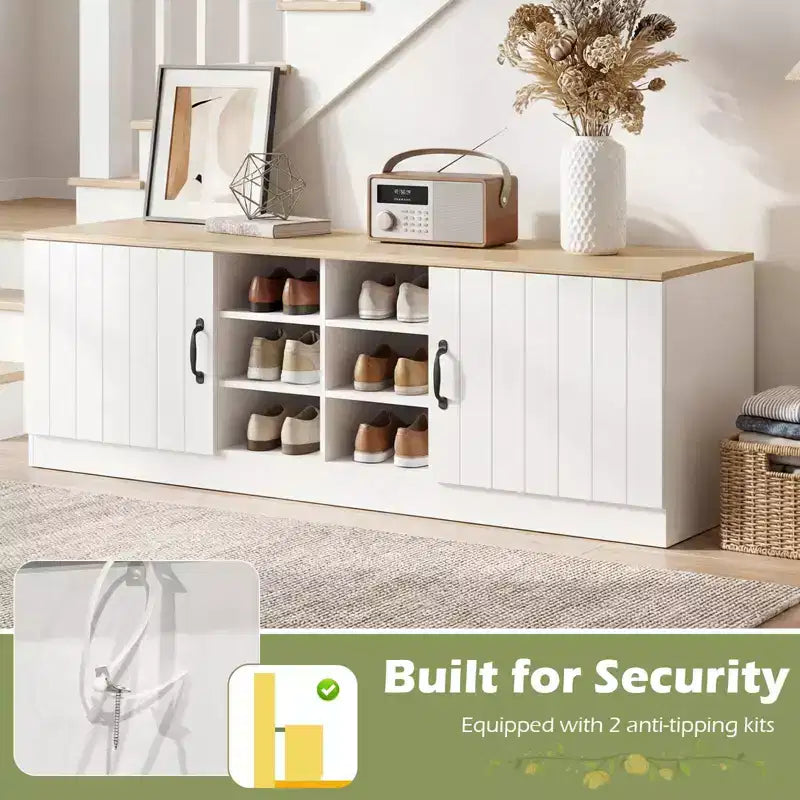 Banc à chaussures à 2 portes avec étagères réglables et espace de rangement dissimulé, naturel + blanc/Whi5te
