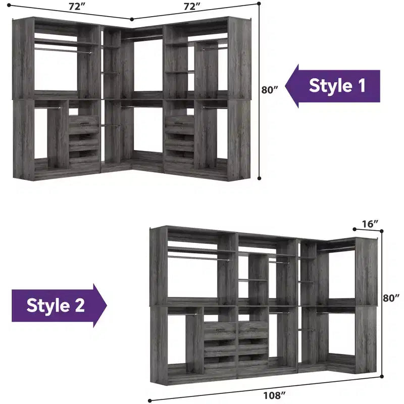 Ensemble Besiost de 3 éléments pour dressing d’angle avec étagères en colonne et tiroirs, organisateur de dressing autoportant avec tringles