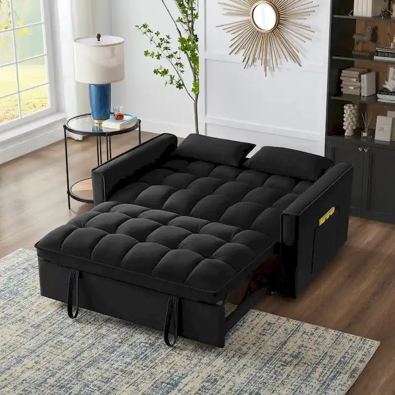 Sofá-cama de 2 lugares 4 em 1 com braços e bolsos de arrumação, sofá-cama extraível multifunções com encosto ajustável