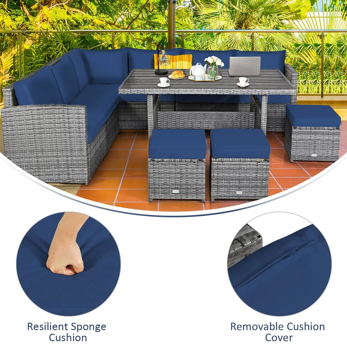 Costway 7-teiliges Dining-Set aus Polyrattan für die Terrasse mit Ecksofa, Couch und Hocker – Details anzeigen