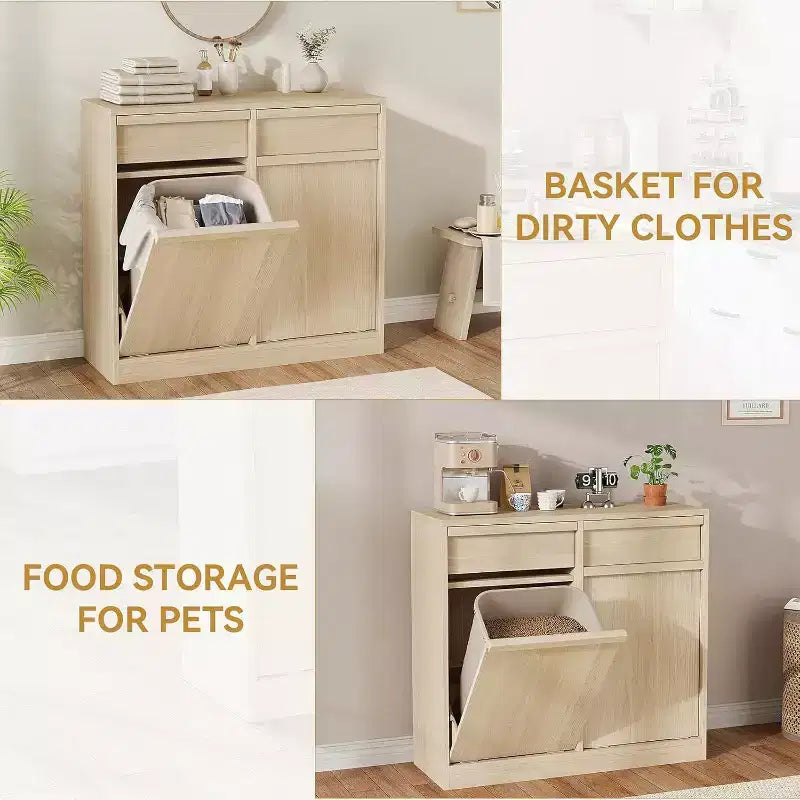 Kippbarer Mülleimer aus natürlicher Eiche, Mülleimer mit Stauraum und Schublade, versteckter Müllschrank, Wäschekorb für Küche, Esszimmer und Wohnzimmer