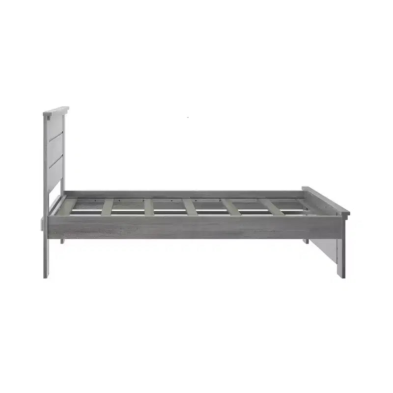 Estrutura de cama de tamanho casal Plank+Beam estilo quinta, com cabeceira, cama de plataforma em madeira maciça