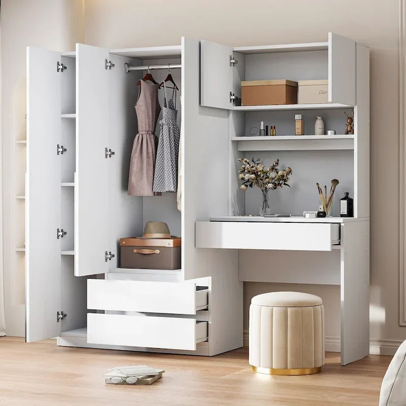 3-in-1-Kleiderschrank mit Schminktisch, Schreibtisch-Set, Schlafzimmerschrank mit 2 Schubladen, 3 Türen und Stauraum