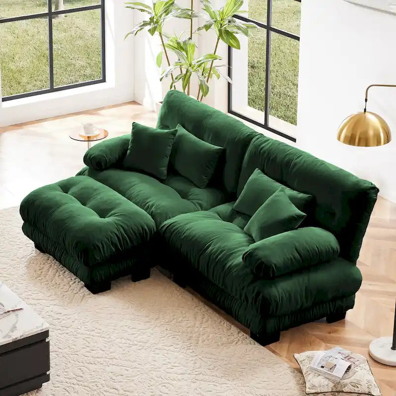 Sofá de dois lugares em forma de L, sofá modular em chenille com almofadas lombares