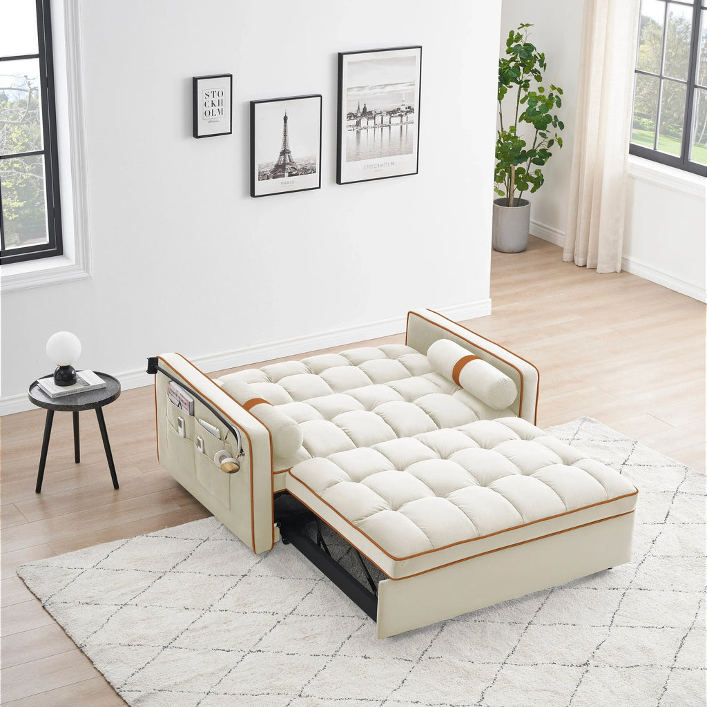 Sofá-Cama Convertível de Veludo para 2 Pessoas, com 55', Cama Extensível, Encosto Reclinável Ajustável, Bolsos Laterais e Suporte para Telemóvel