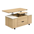 Mesa de centro moderna multifunções com tampo elevável, arrumação oculta, 4 bancos e rodízios, perfeita para espaços de estar modernos