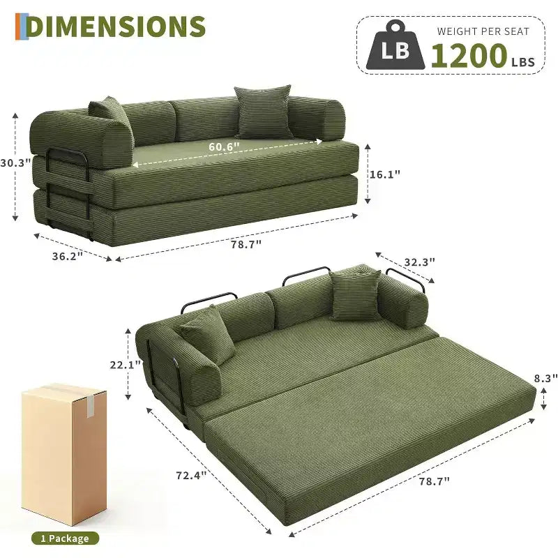 2-in-1 slaapbank, comfortabele opklapbare corduroy-slaapbank met diepe zitting en brede armleuningen, bank zonder frame voor woonkamer en appartementen