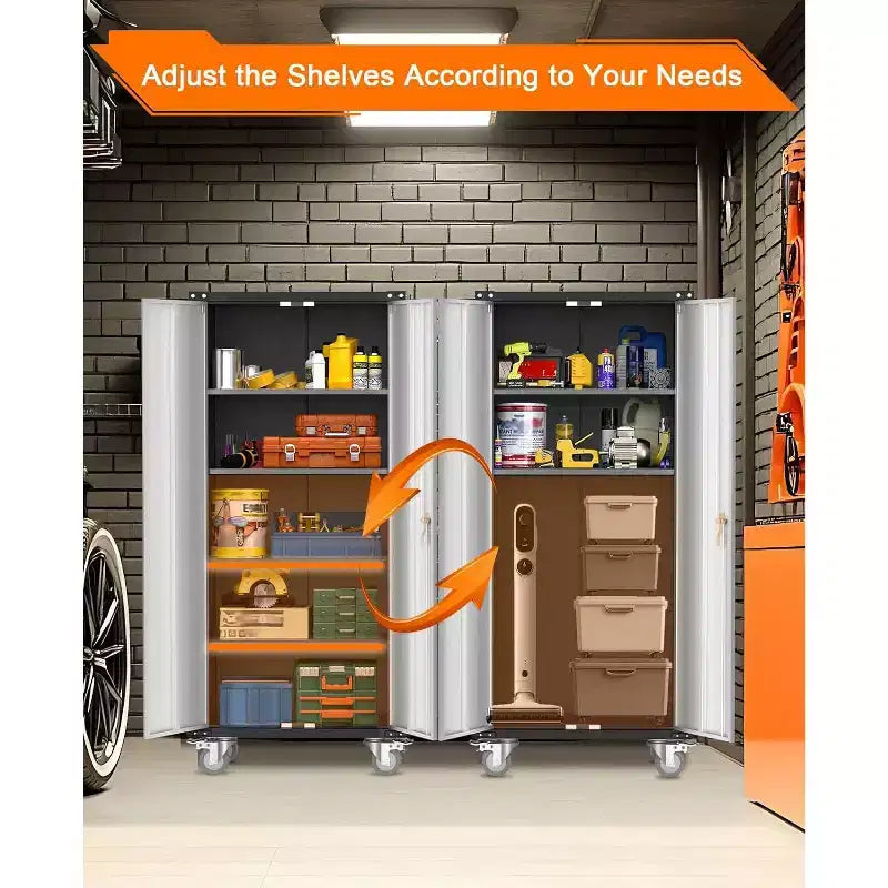 Armoire de rangement de garage à roulettes avec panneau perforé, armoire métallique verrouillable de 72 pouces de hauteur avec 2 portes et 4 étagères réglables pour atelier de garage