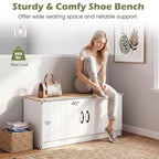 Banc à chaussures à 2 portes avec étagères réglables et espace de rangement dissimulé, naturel + blanc/Whi5te