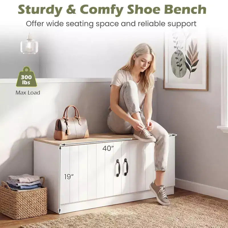 Banc à chaussures à 2 portes avec étagères réglables et espace de rangement dissimulé, naturel + blanc/Whi5te