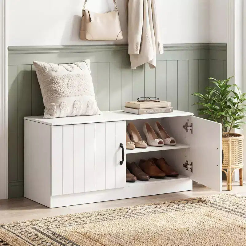 Banc à chaussures à 2 portes avec étagères réglables et espace de rangement dissimulé, naturel + blanc/Whi5te