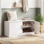 Banc à chaussures à 2 portes avec étagères réglables et espace de rangement dissimulé, naturel + blanc/Whi5te