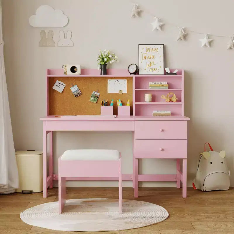 Ensemble bureau et chaise pour enfants, table d’étude en bois avec plateau inclinable réglable, tiroirs et tableau en liège – ensemble bureau d’apprentissage scolaire pour enfants