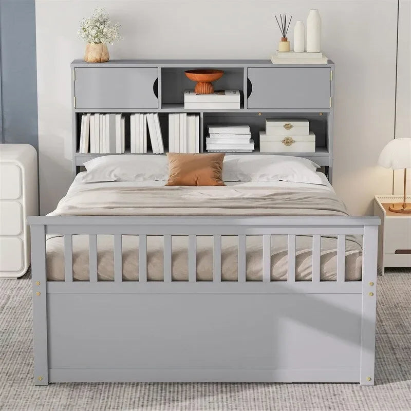 Letto a piattaforma Captain matrimoniale o singolo con 4 cassetti e ripiani contenitori, struttura in legno massello con testiera libreria contenitore