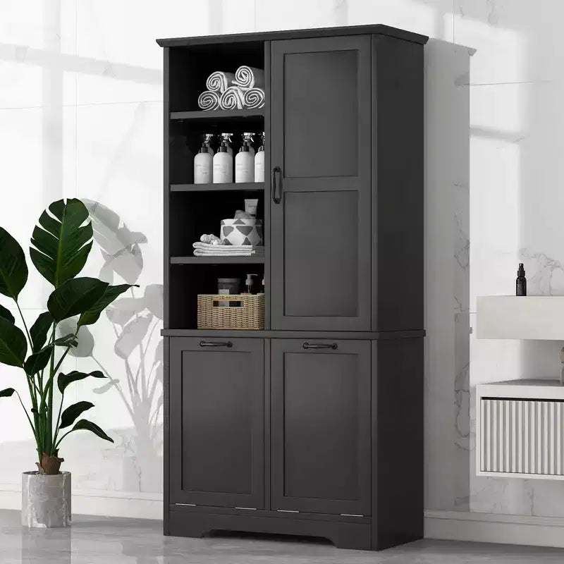 Koupelnová úložná skříňka s dvířky a zásuvkami, výklopným košem na prádlo, mnoha úložnými prostory a volně stojícím designem