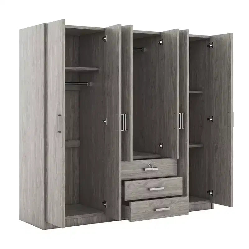 Roupeiro de madeira com 6 portas e gavetas para quarto