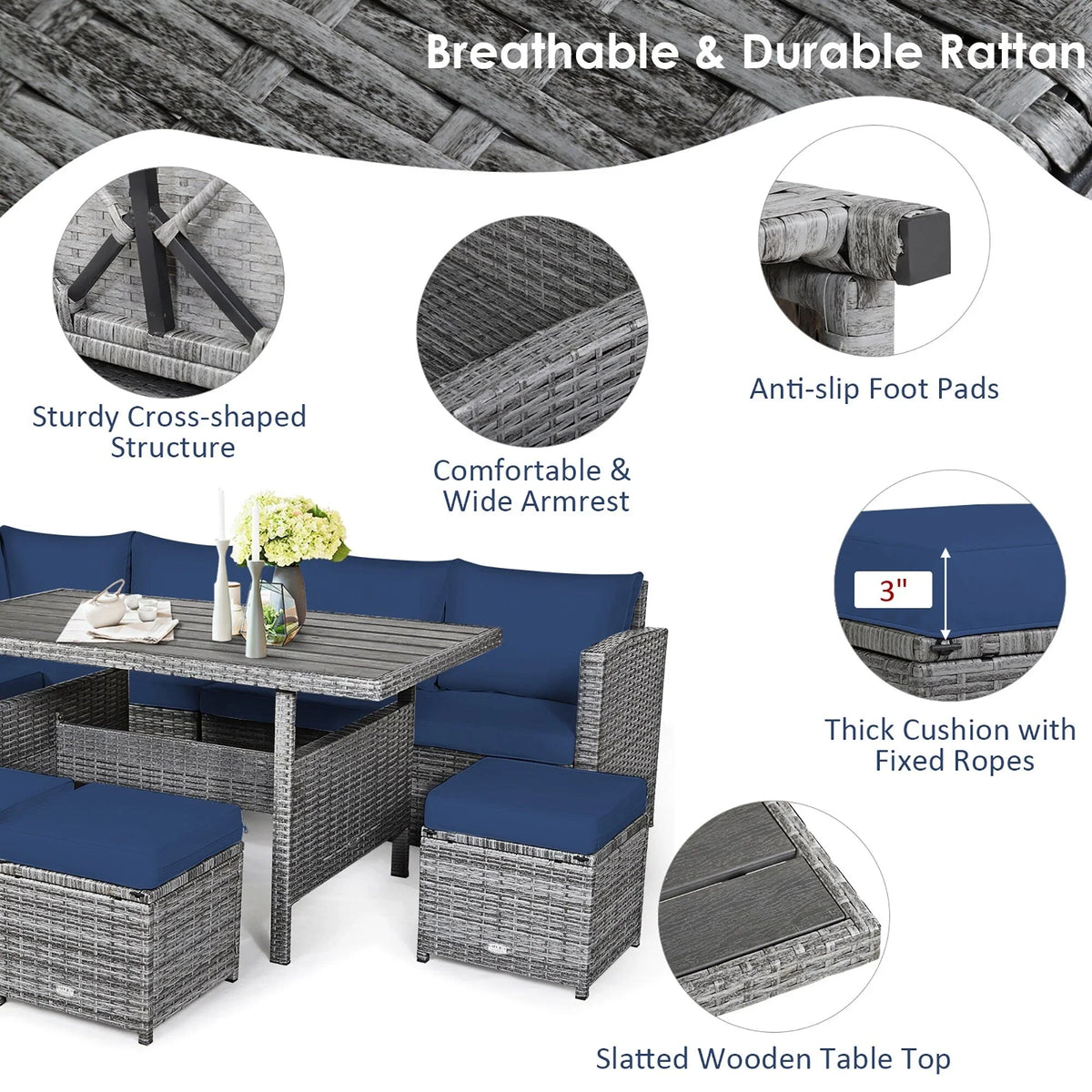 Costway 7-teiliges Dining-Set aus Polyrattan für die Terrasse mit Ecksofa, Couch und Hocker – Details anzeigen
