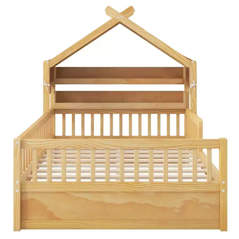 Cama-casa de madeira ModernLuxe para colchão individual/cama de casal com cabeceira com arrumação, estrutura de cama infantil em pinho maciço com grades de proteção