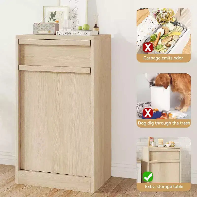 Kippbarer Mülleimer aus natürlicher Eiche, Mülleimer mit Stauraum und Schublade, versteckter Müllschrank, Wäschekorb für Küche, Esszimmer und Wohnzimmer